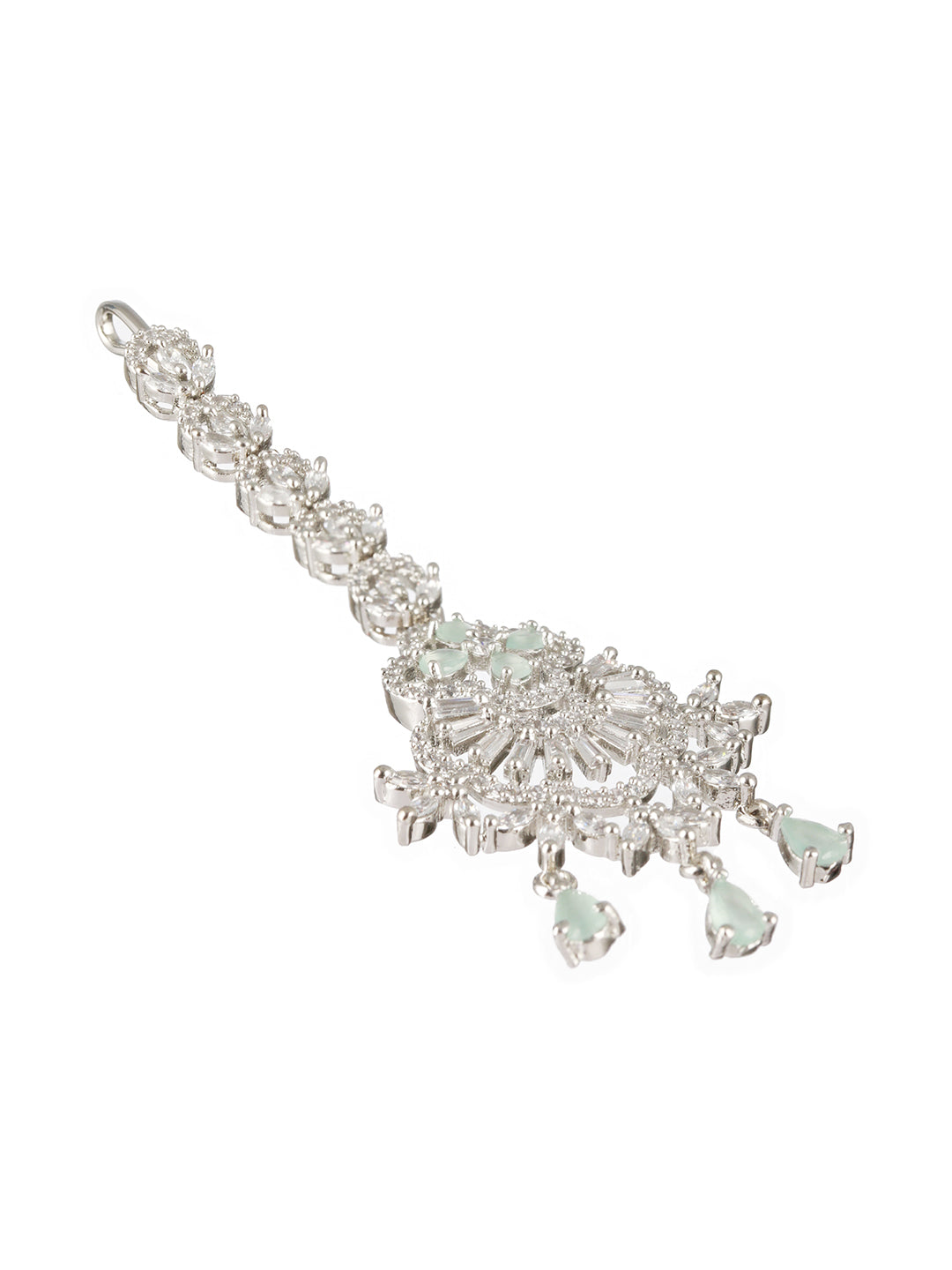 Rhodium-Plated Green & White AD Studded Maang Tikka - Jazzandsizzle