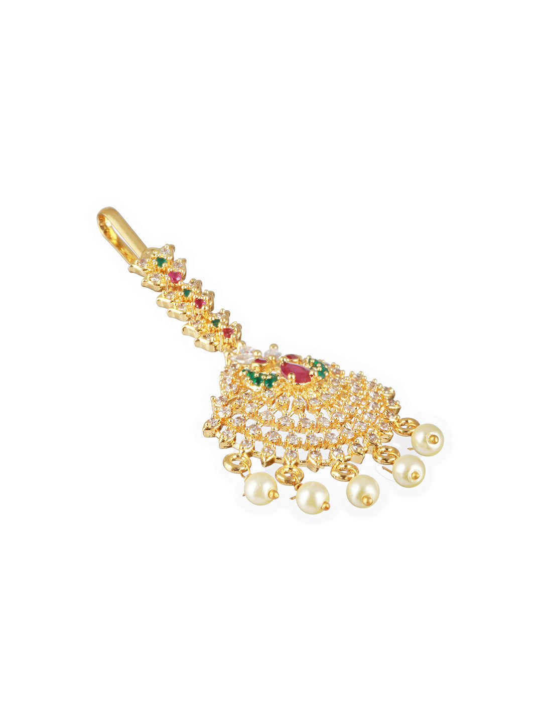 Jazz And Sizzle 24k Gold-Plated Red & White AD-Studded & Beige Beaded Handcrafted Maang Tikka
