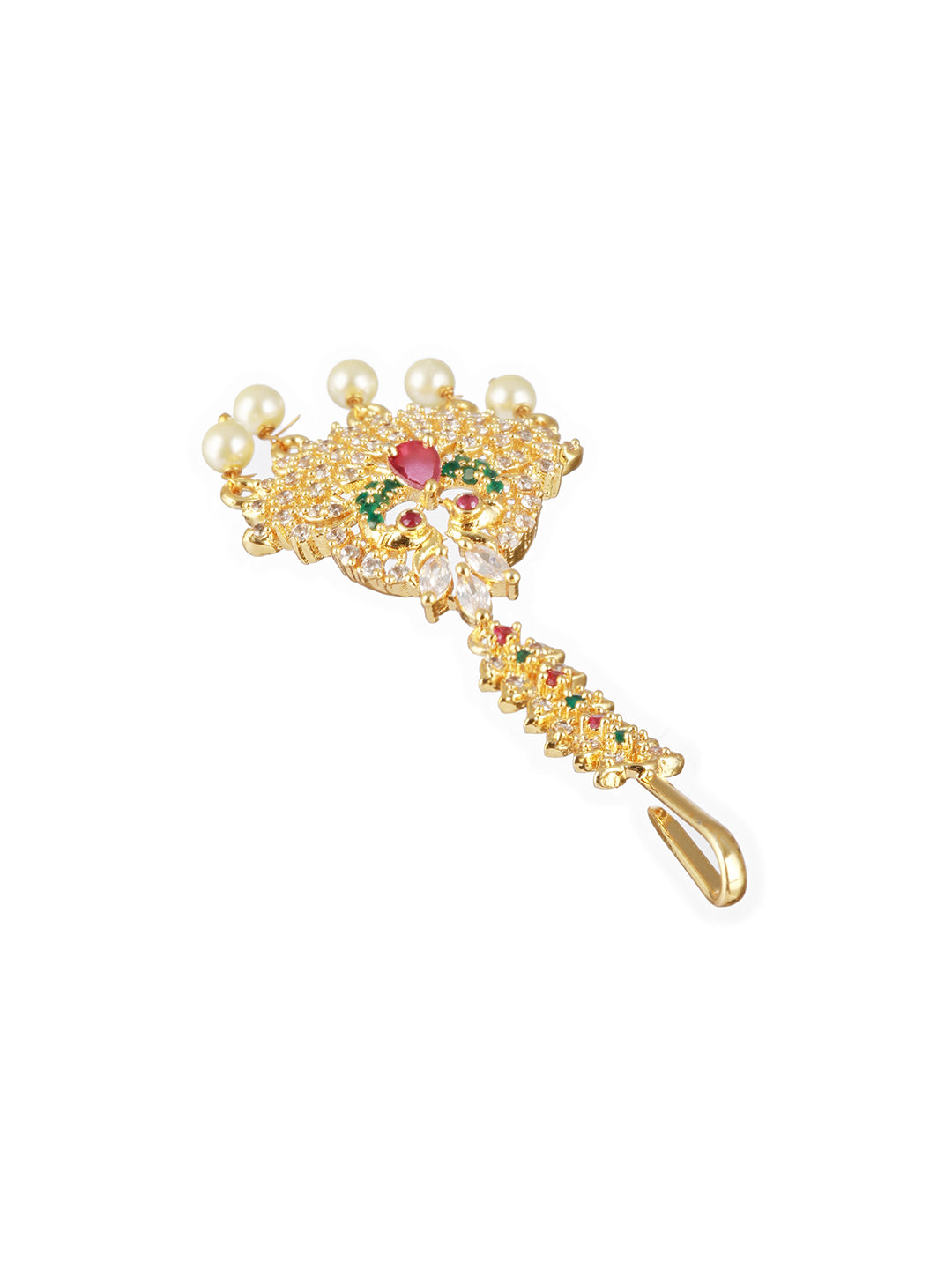 Jazz And Sizzle 24k Gold-Plated Red & White AD-Studded & Beige Beaded Handcrafted Maang Tikka - Jazzandsizzle
