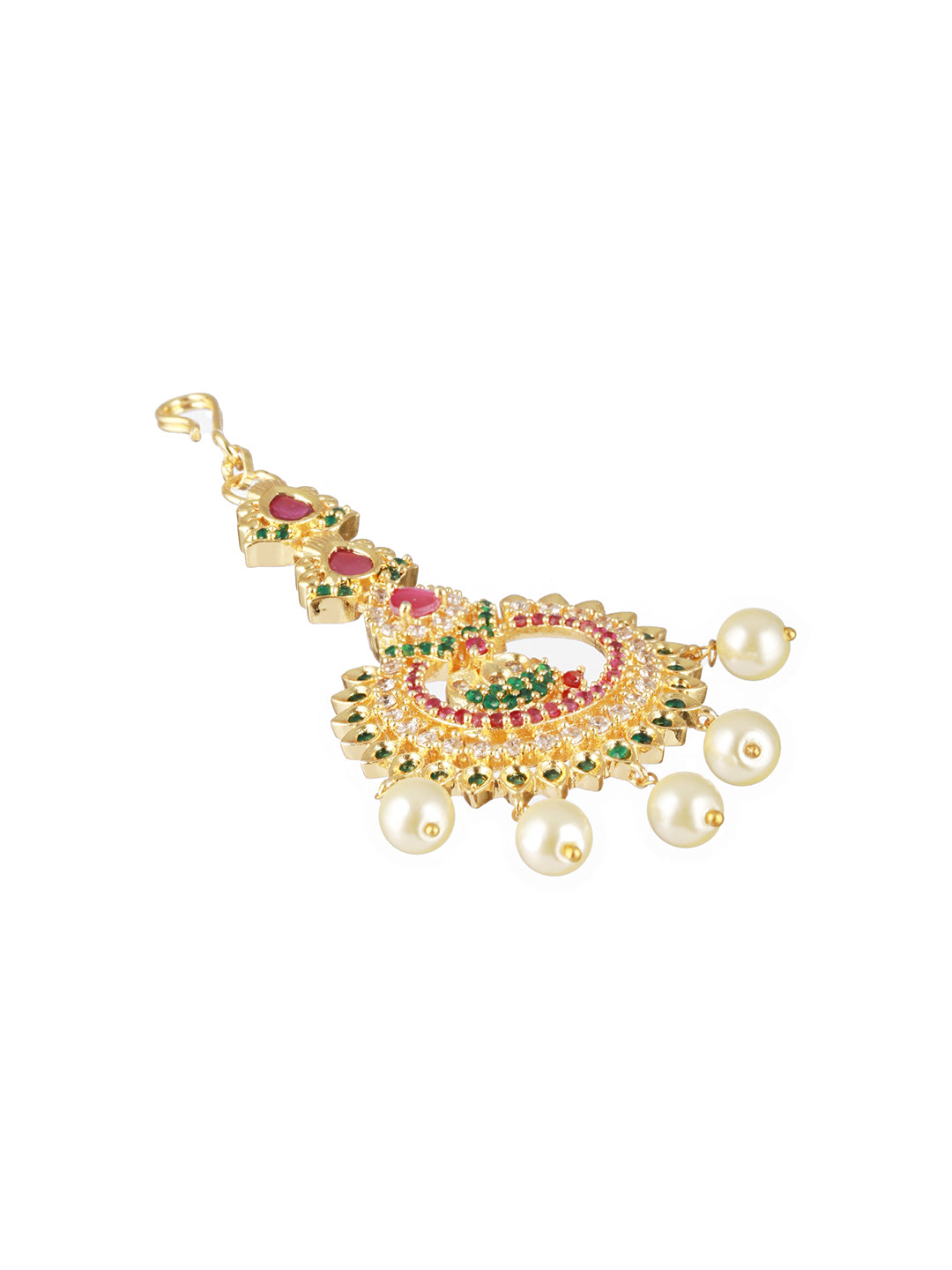 24K Gold-Plated Red & Green Stone-Studded & White AD Studded Temple Maangtika - Jazzandsizzle