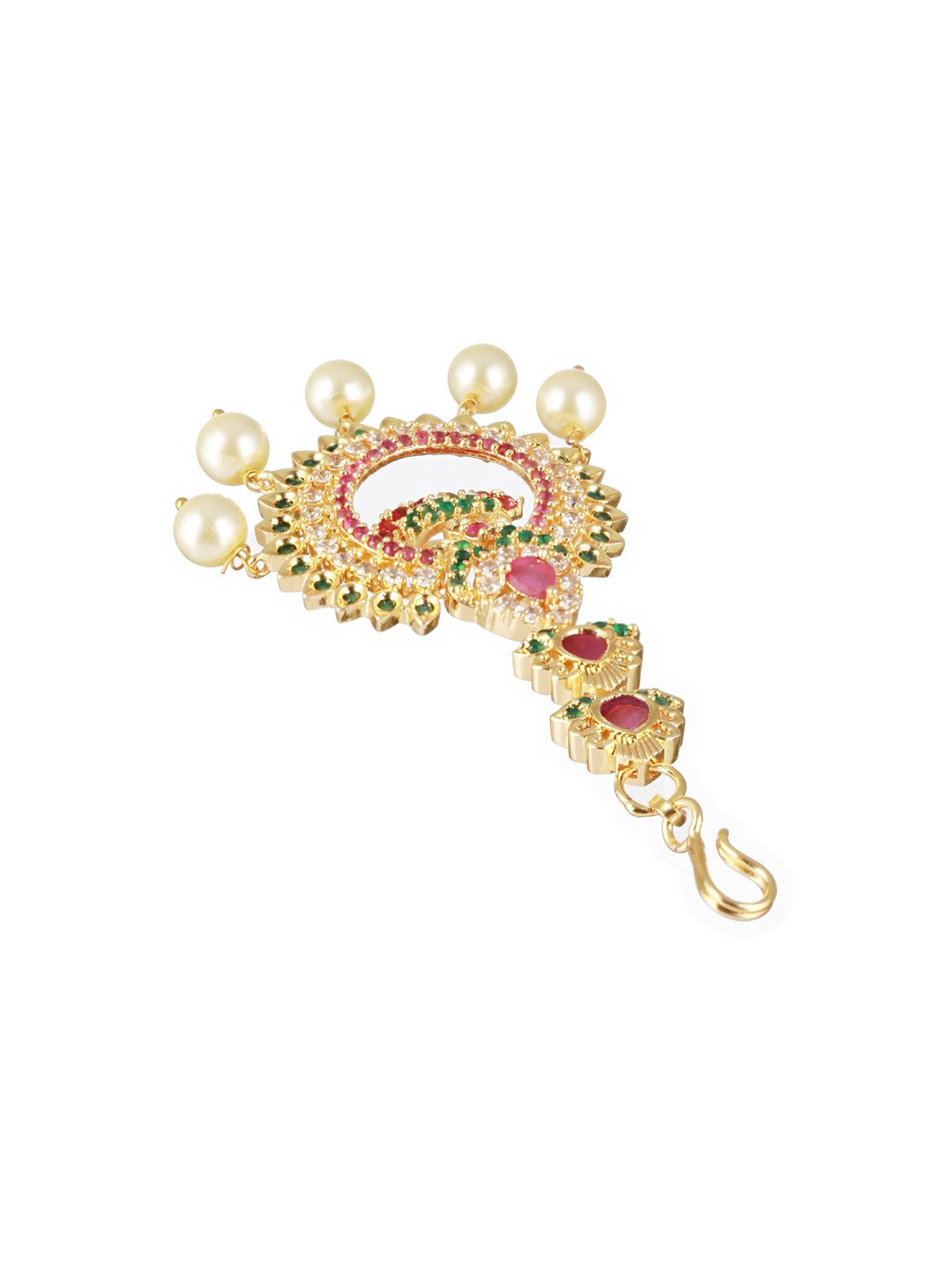 24K Gold-Plated Red & Green Stone-Studded & White AD Studded Temple Maangtika - Jazzandsizzle