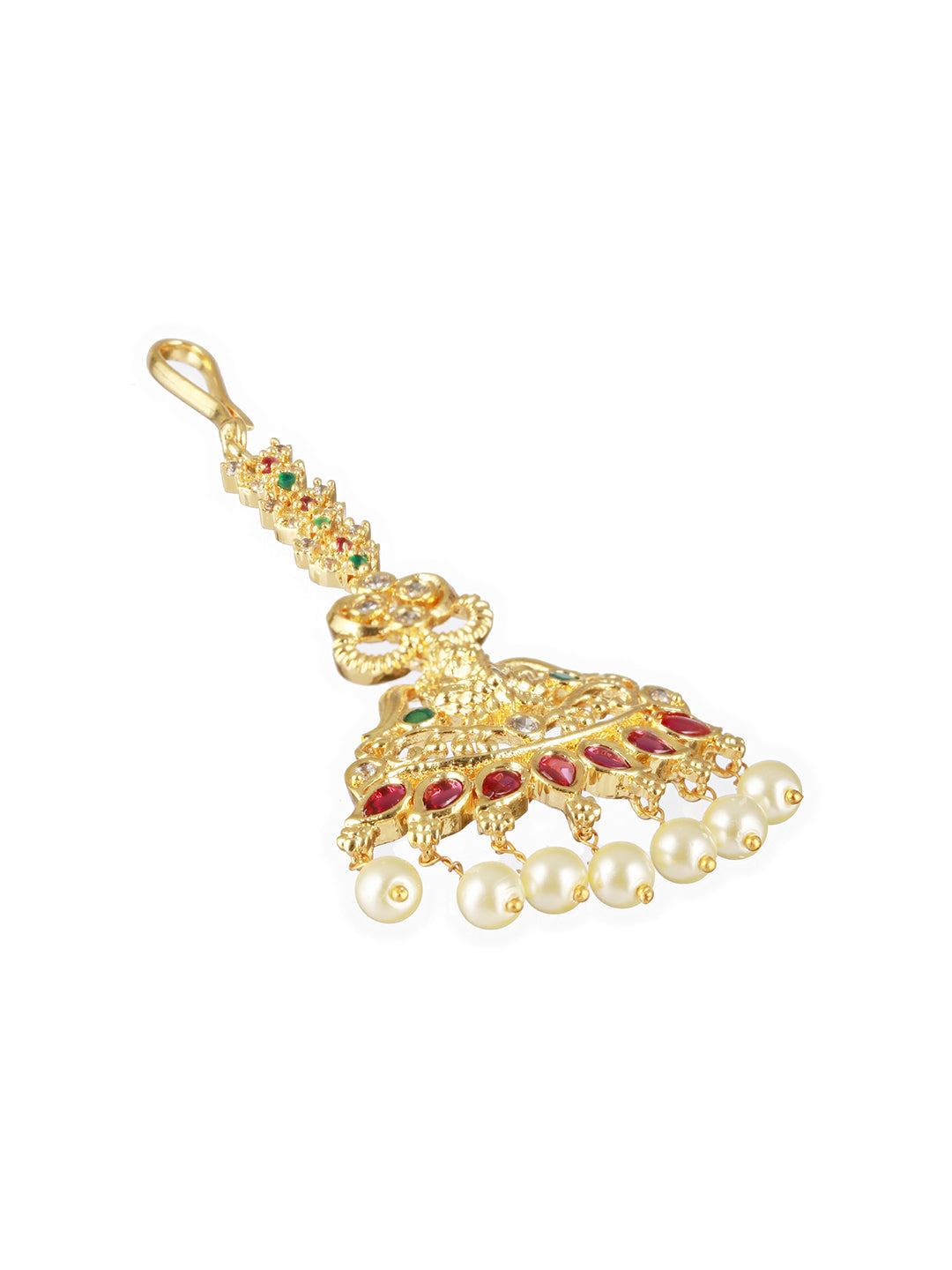 Gold-Plated Red & Green AD Studded & Pearl Laksmi Maang Tikka - Jazzandsizzle