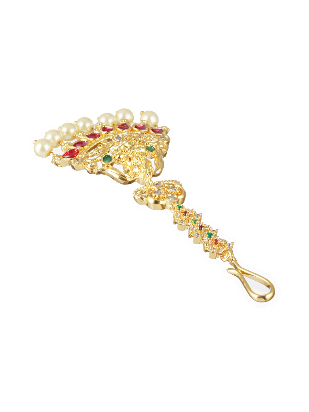 Gold-Plated Red & Green AD Studded & Pearl Laksmi Maang Tikka - Jazzandsizzle