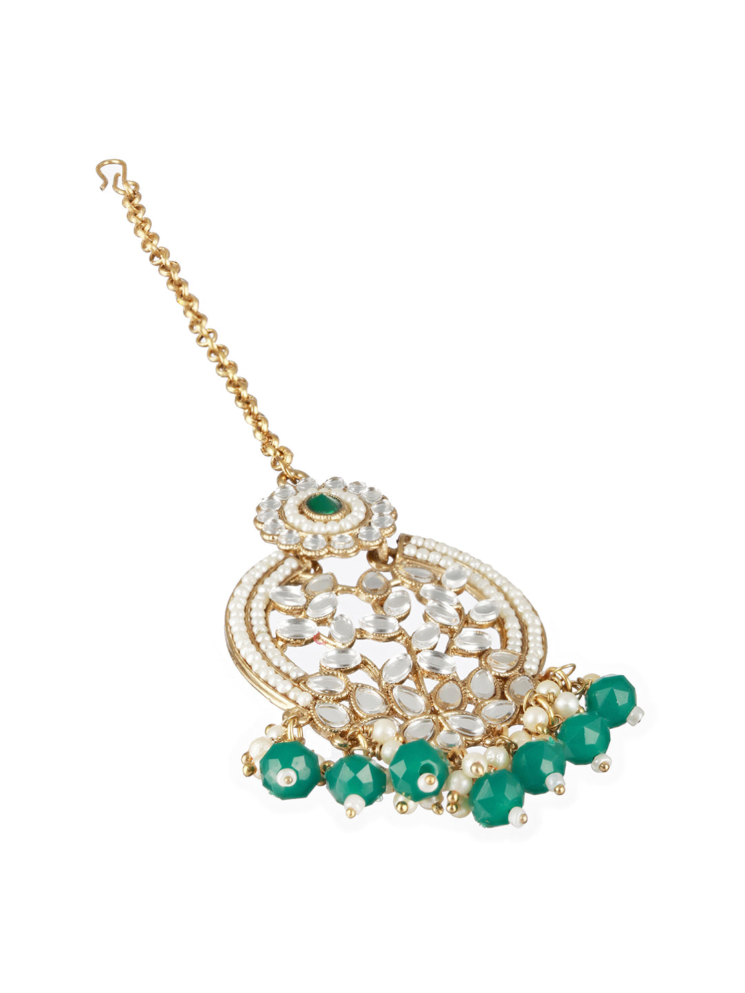 Gold-Plated & Kundan-Studded Green Maangtikka - Jazzandsizzle