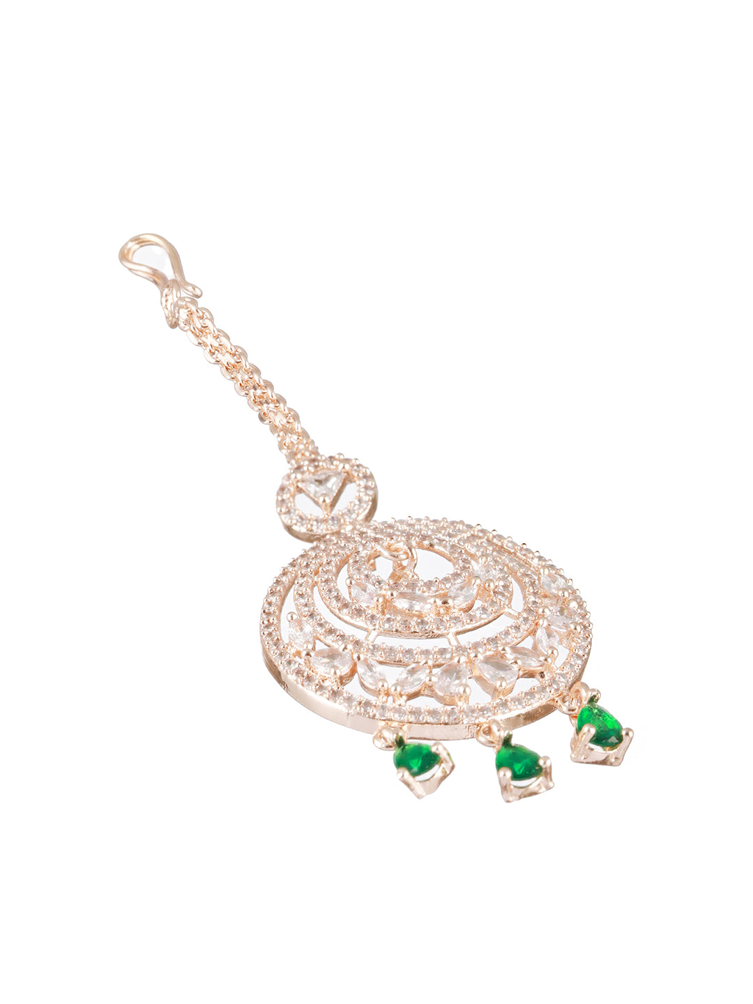 Rosegold-Plated Green American Diamond Studded Maang Tikka And Earrings Set - Jazzandsizzle