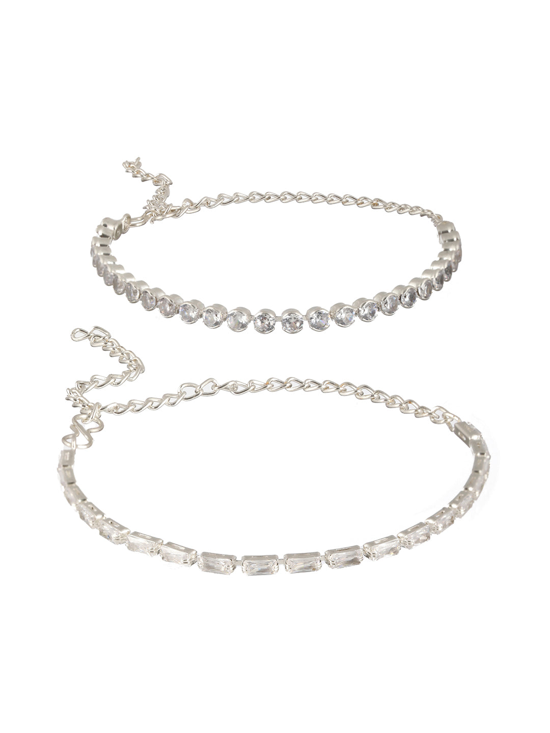 Set of 2 Silver-Toned & White Cubic Zirconia Rhodium-Plated Link Bracelet - Jazzandsizzle