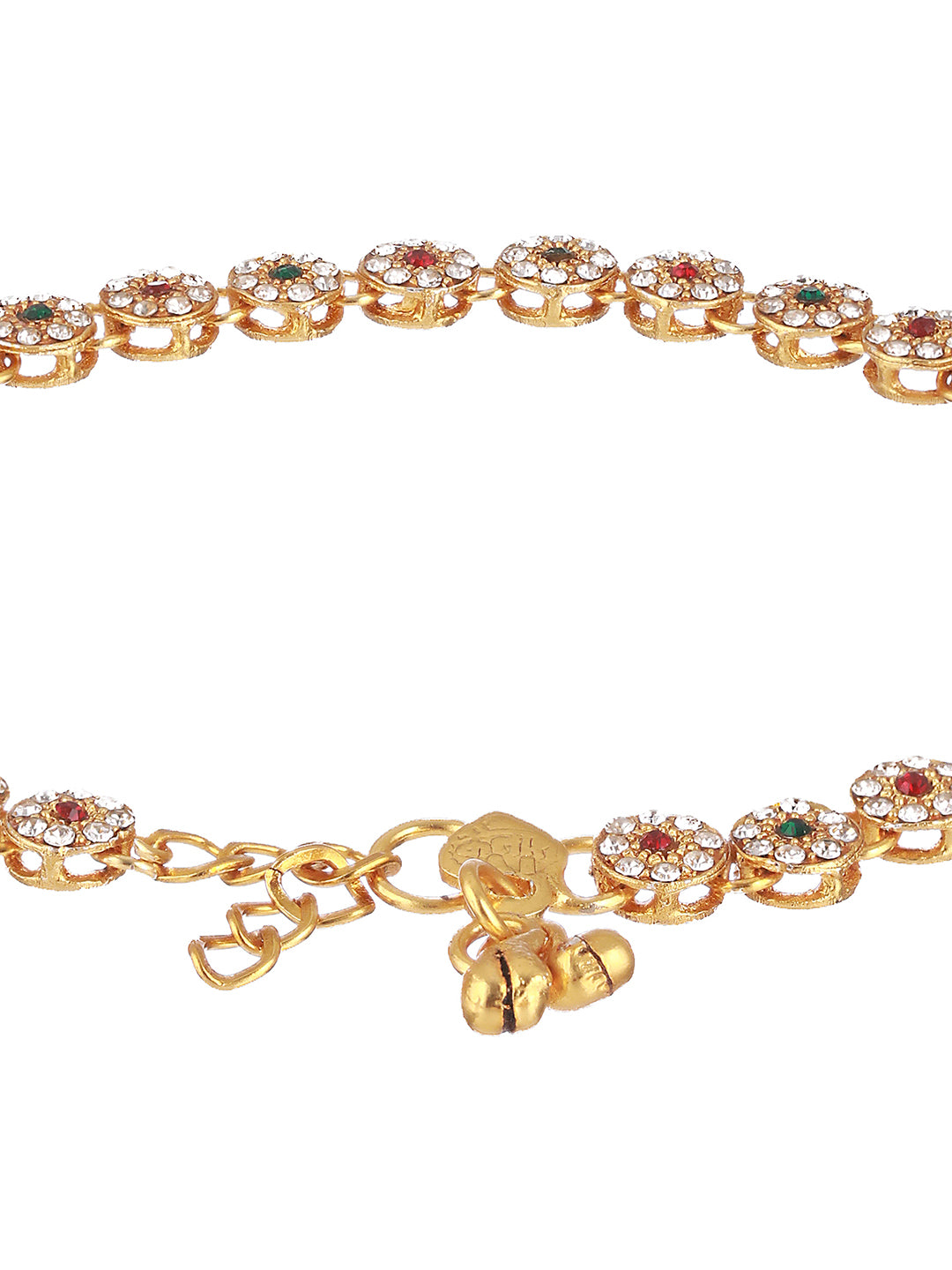 Set of 2 Gold Plated Red & Green Kundan Studded & CZ Stone Anklets - Jazzandsizzle