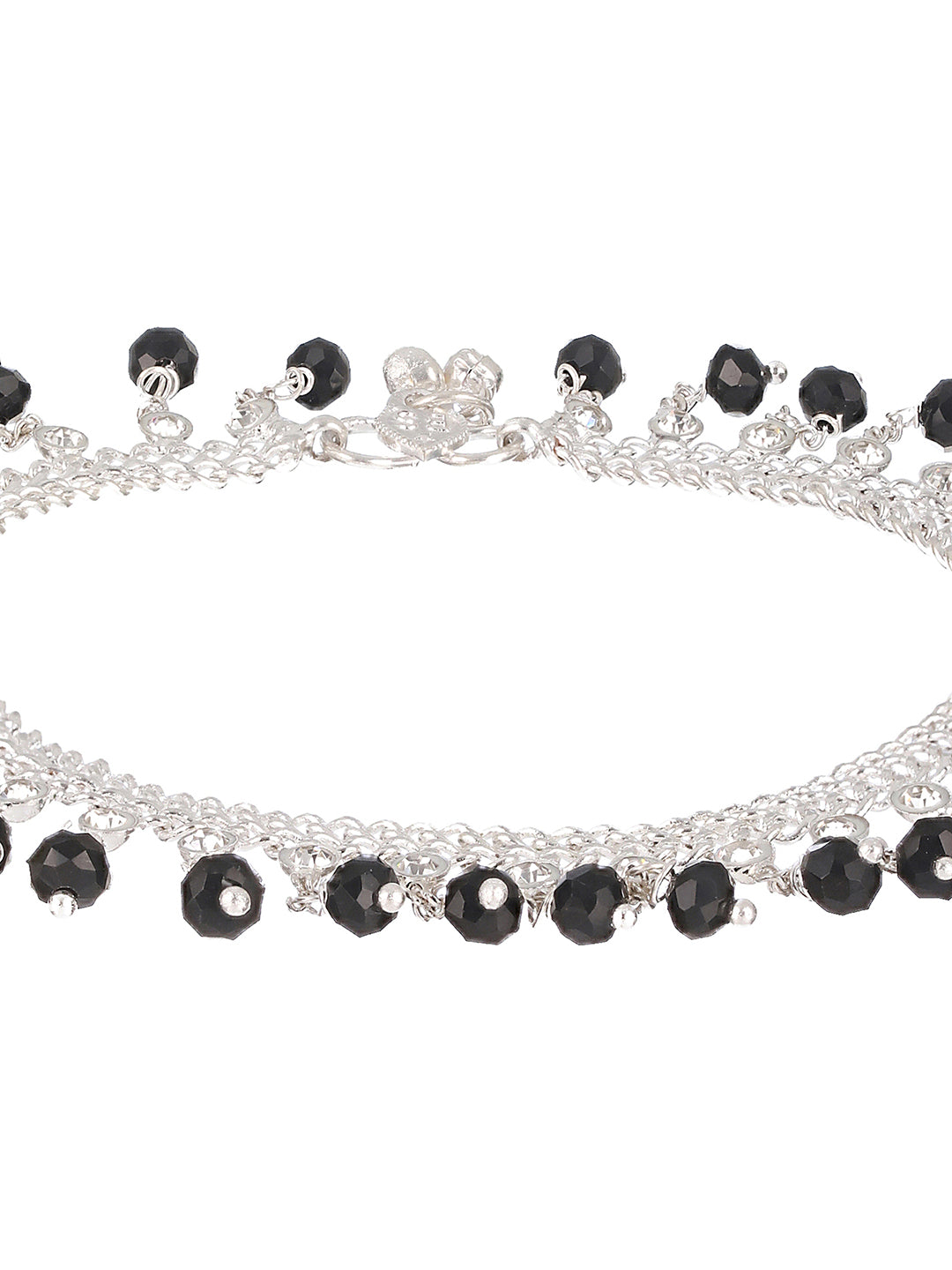 Set Of 2 Silver Plated & Black Crystal Beaded & CZ Studded Anklets
