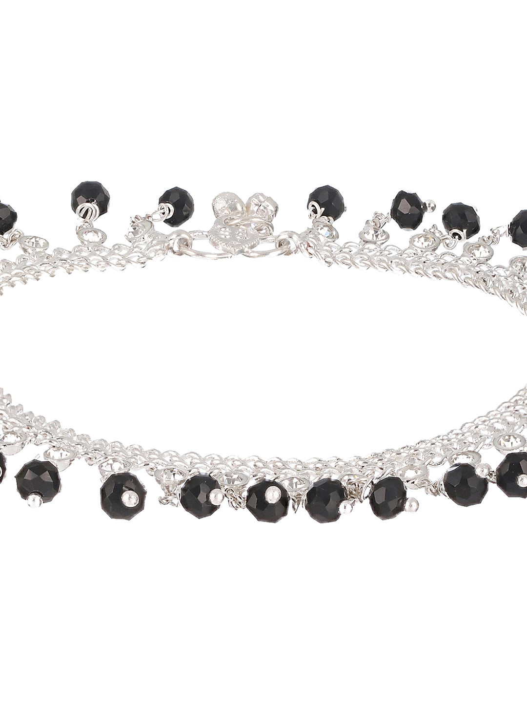 Set Of 2 Silver Plated & Black Crystal Beaded & CZ Studded Anklets - Jazzandsizzle