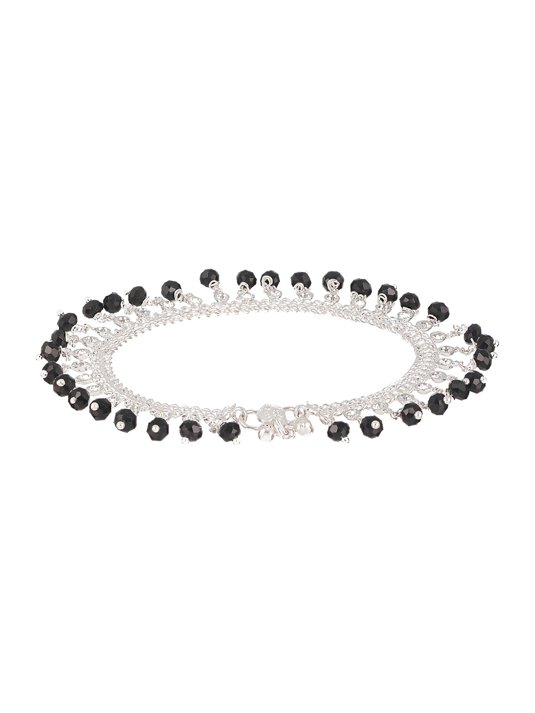 Set Of 2 Silver Plated & Black Crystal Beaded & CZ Studded Anklets
