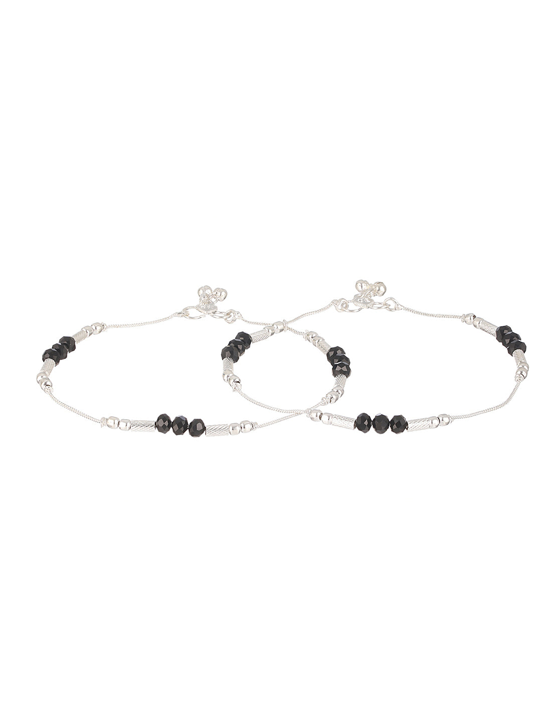 Set Of 2 Silver Plated & Black Crystal Beaded Anklets - Jazzandsizzle