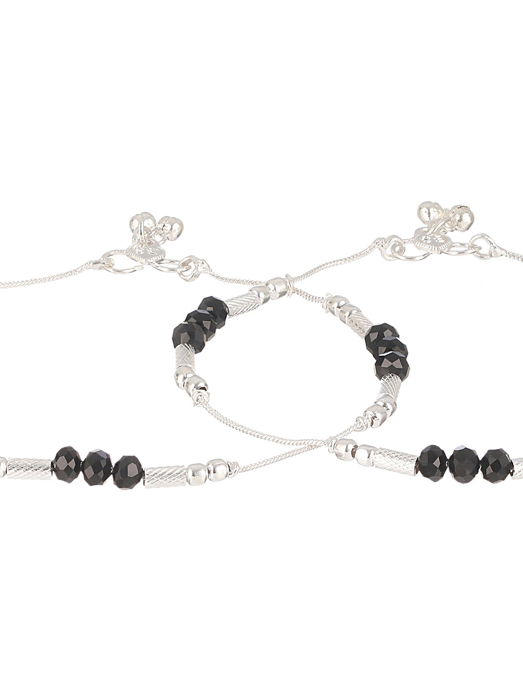 Set Of 2 Silver Plated & Black Crystal Beaded Anklets - Jazzandsizzle