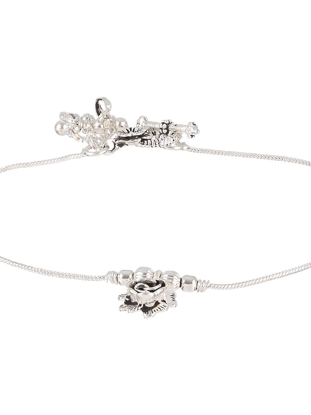 Set of 2 Oxidized Silver-Plated Rose Motif Anklets with Ghungroo Detail - Jazzandsizzle