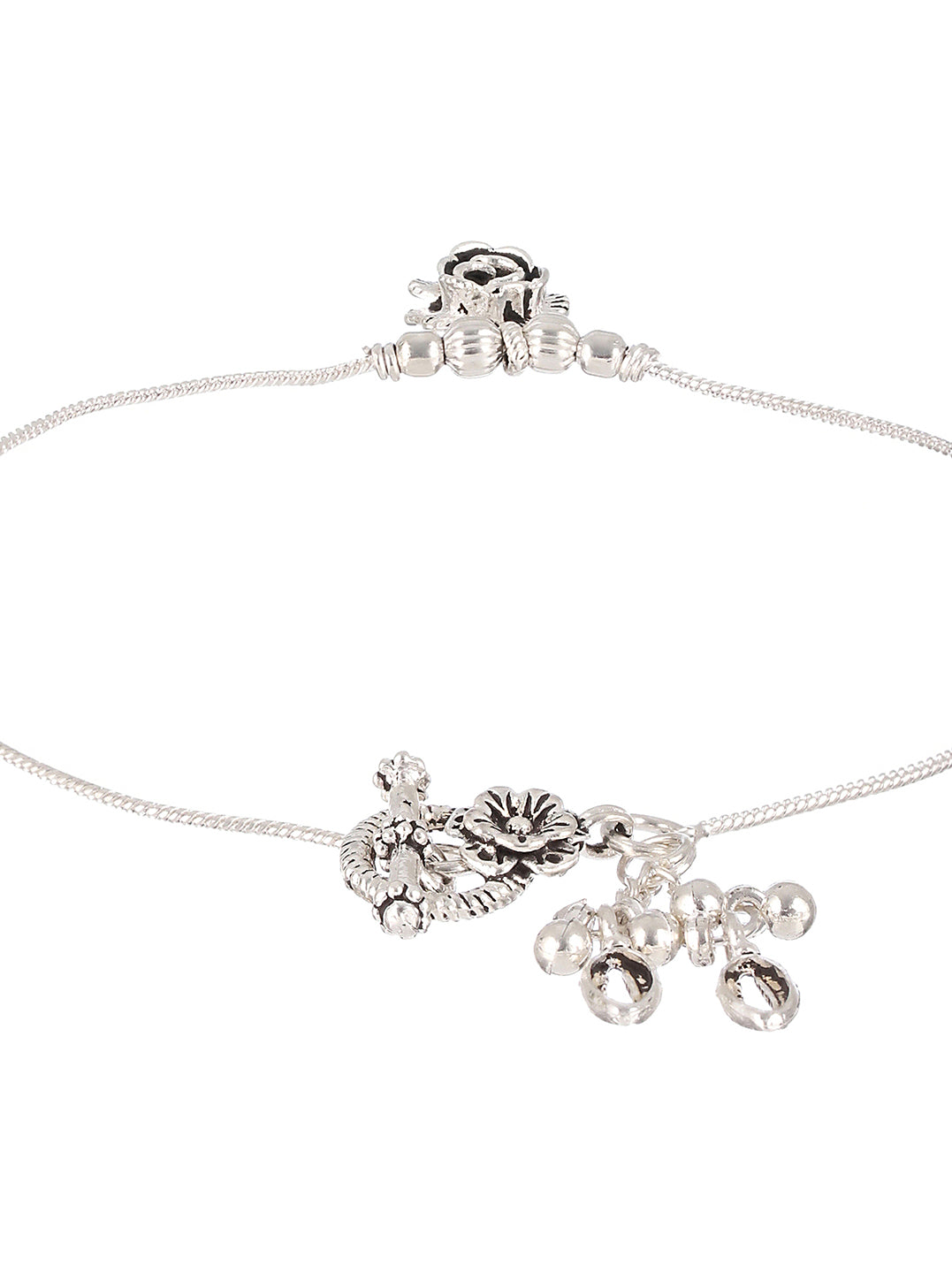 Set of 2 Oxidized Silver-Plated Rose Motif Anklets with Ghungroo Detail - Jazzandsizzle