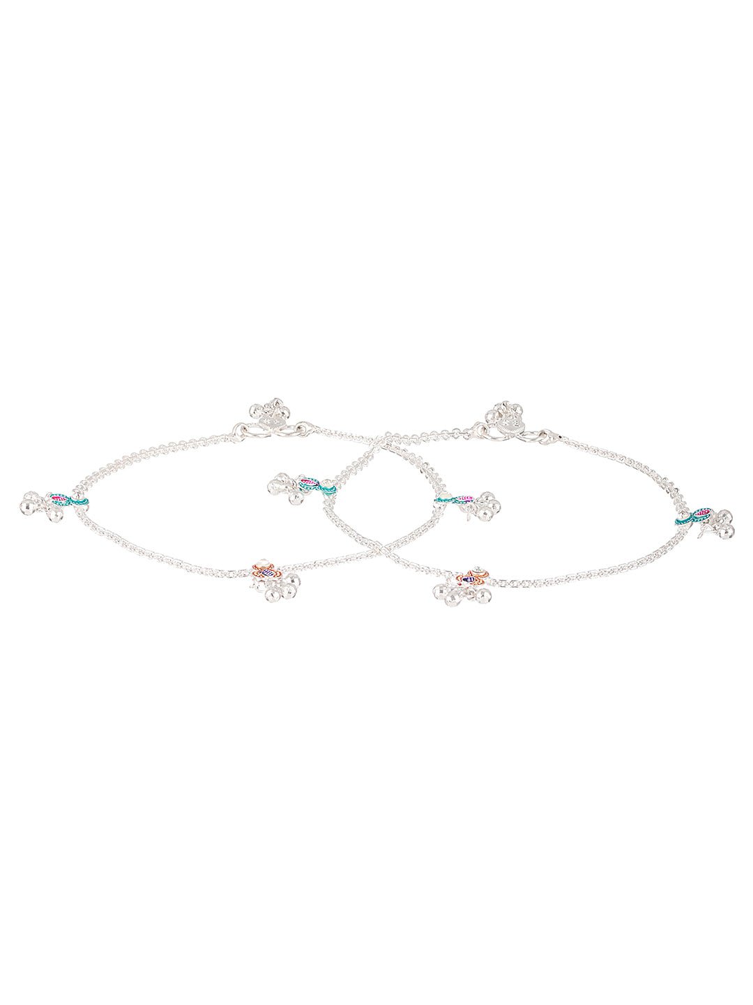 Set of 2 Silver-Plated Pink&Blue Anklets with Ghungroo Detail
