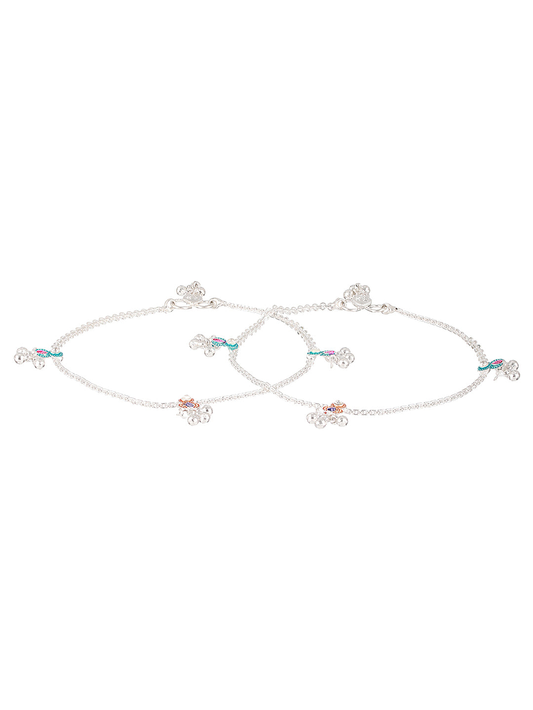 Set of 2 Silver-Plated Pink&Blue Anklets with Ghungroo Detail - Jazzandsizzle