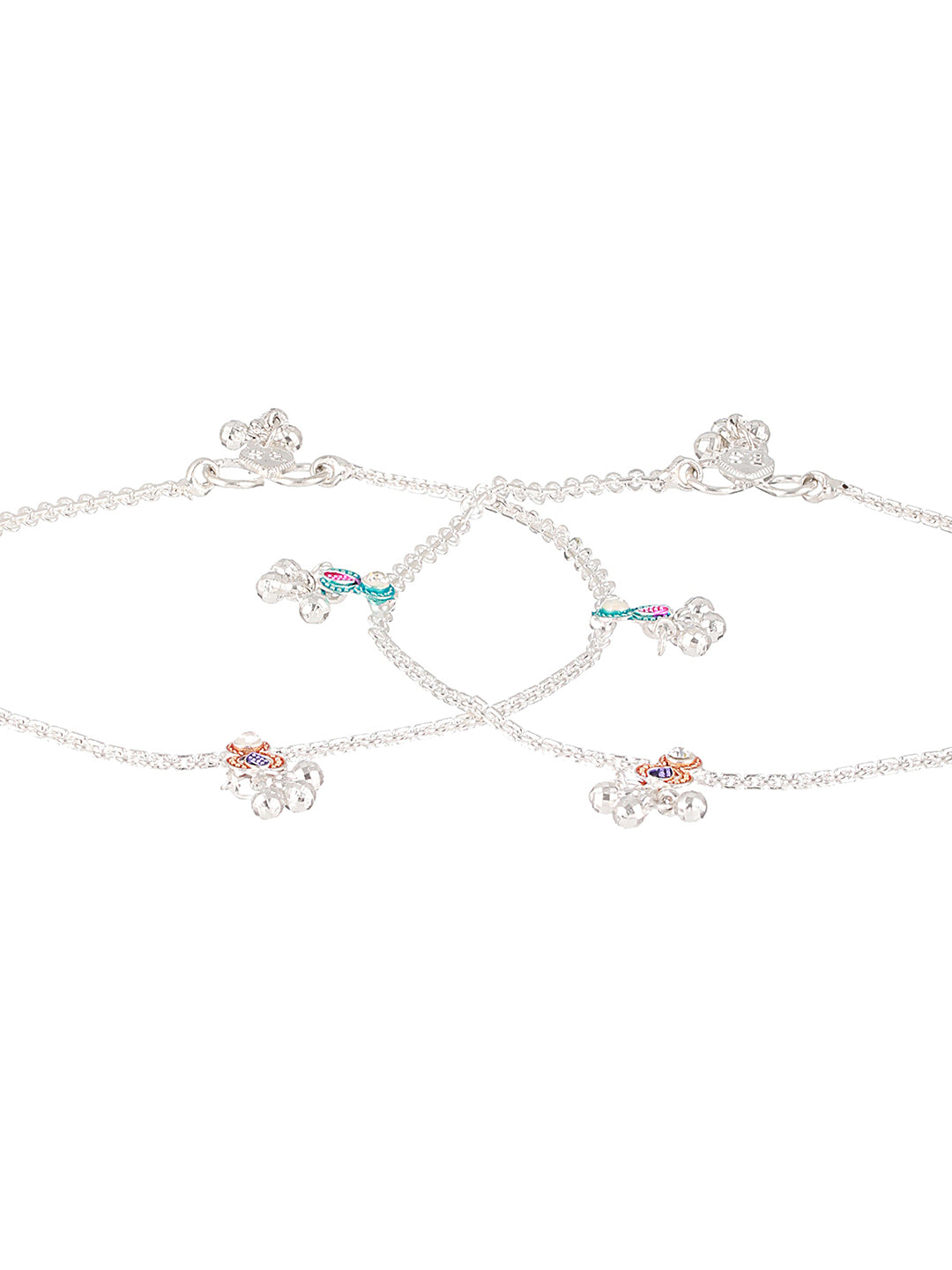 Set of 2 Silver-Plated Pink&Blue Anklets with Ghungroo Detail - Jazzandsizzle