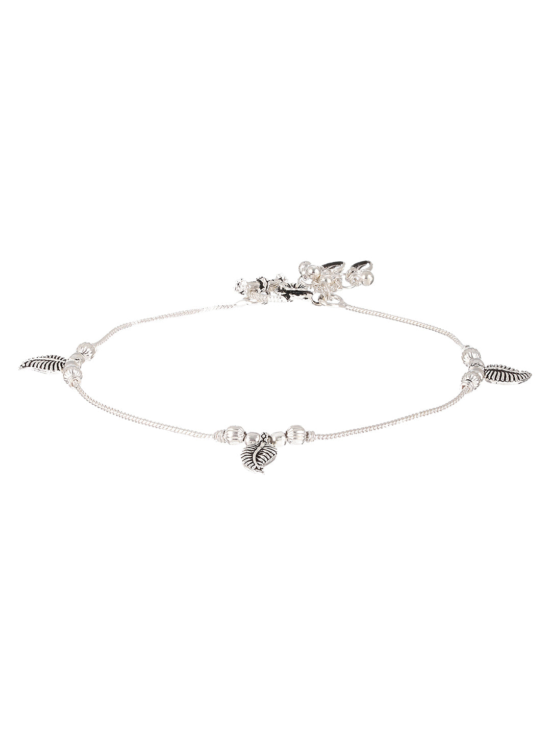 Set Of 2 Silver-Plated Stone-Studded & Leaf Shaped Ghungroo Anklets - Jazzandsizzle