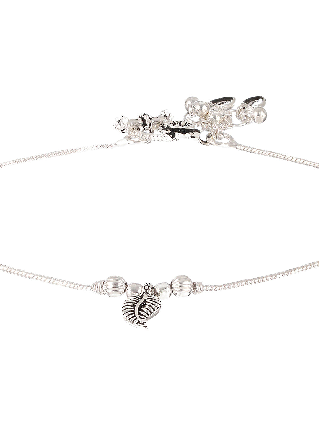 Set Of 2 Silver-Plated Stone-Studded & Leaf Shaped Ghungroo Anklets - Jazzandsizzle