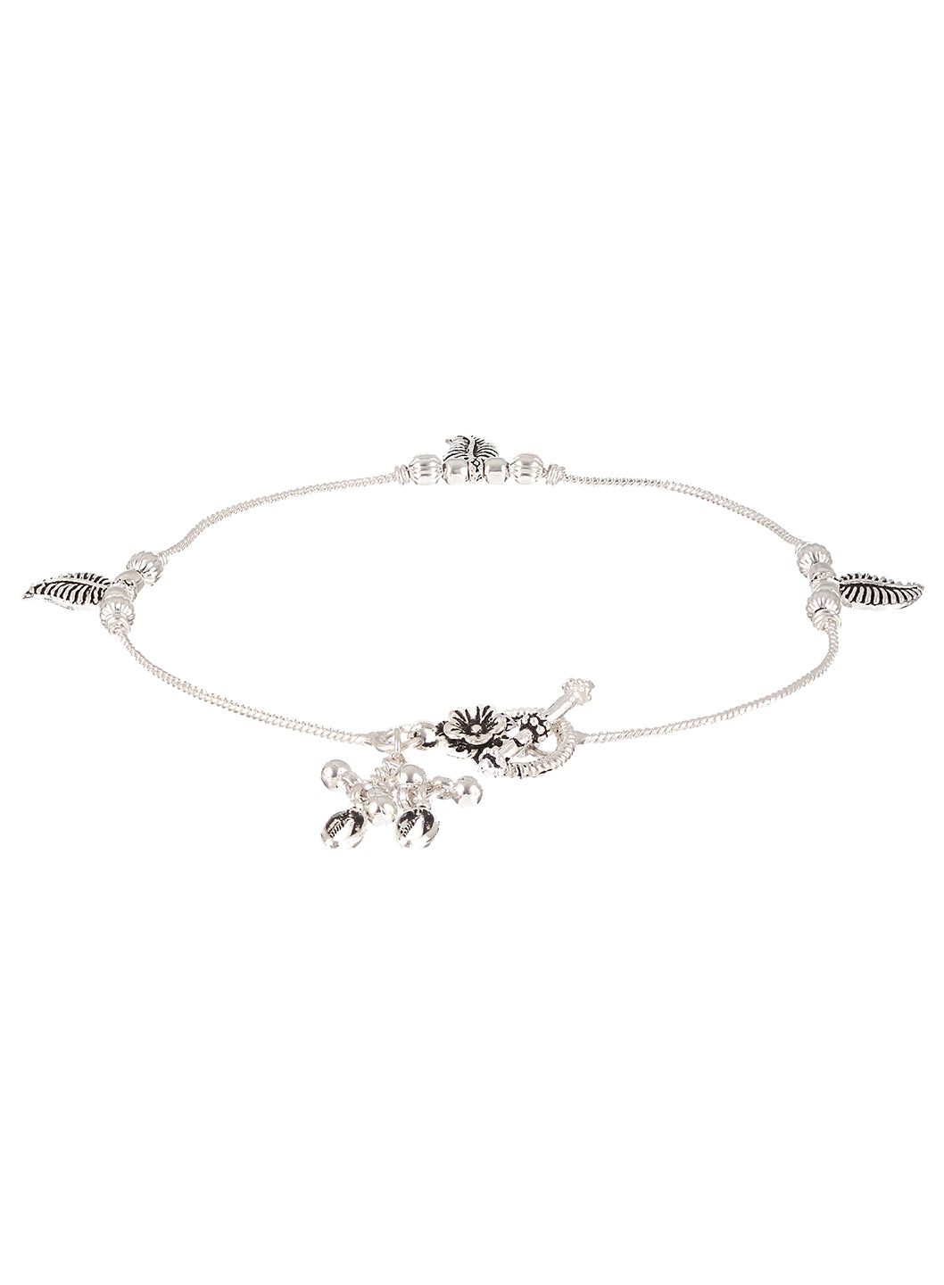 Set Of 2 Silver-Plated Stone-Studded & Leaf Shaped Ghungroo Anklets - Jazzandsizzle