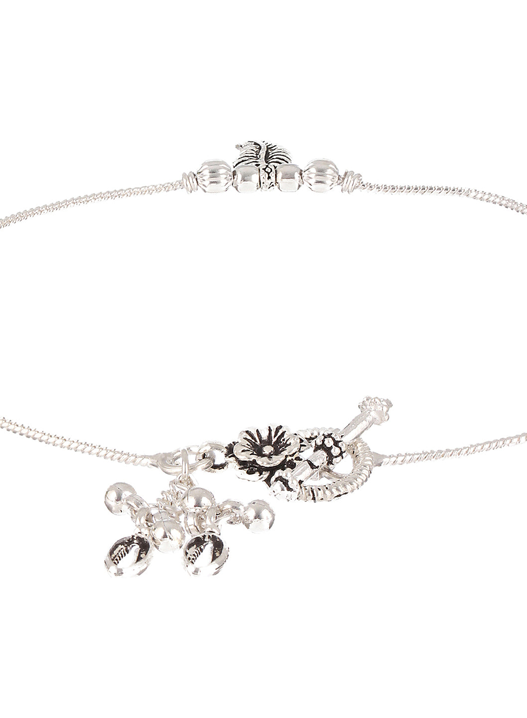 Set Of 2 Silver-Plated Stone-Studded & Leaf Shaped Ghungroo Anklets - Jazzandsizzle