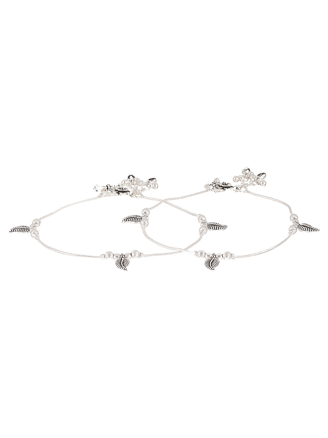 Set Of 2 Silver-Plated Stone-Studded & Leaf Shaped Ghungroo Anklets - Jazzandsizzle