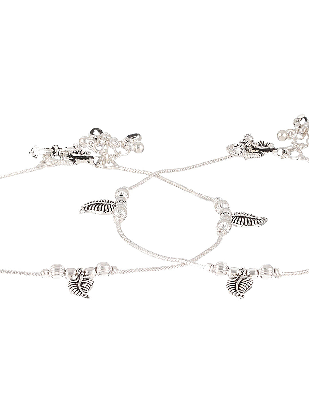 Set Of 2 Silver-Plated Stone-Studded & Leaf Shaped Ghungroo Anklets - Jazzandsizzle