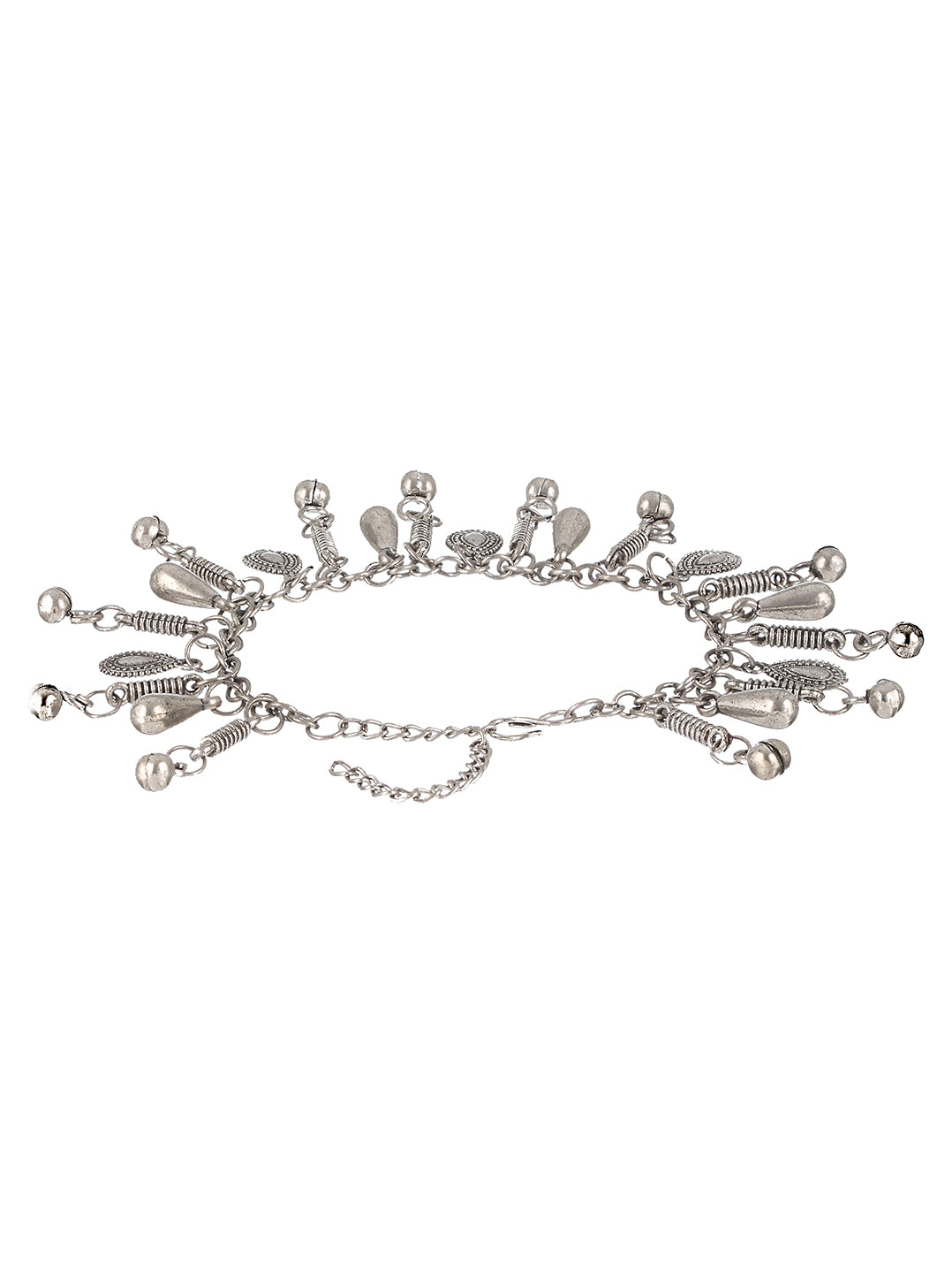 Set Of 2 Oxidised Silver-Plated & Heart Charm Ghungroo Anklets - Jazzandsizzle