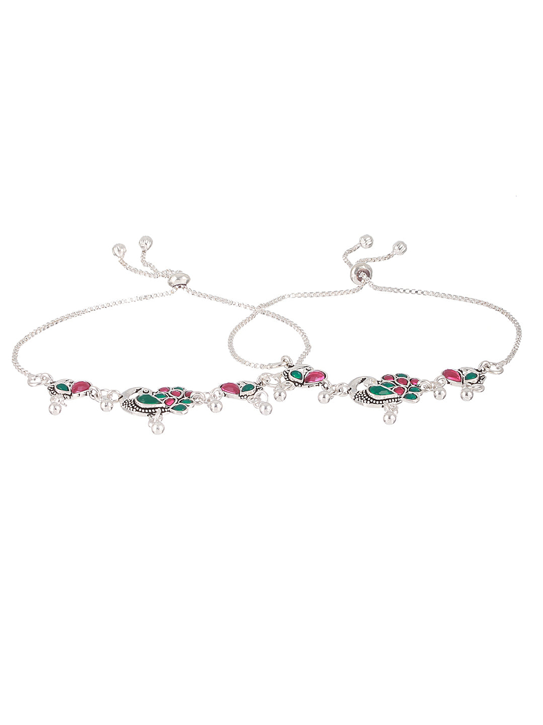 Set Of 2 Silver-Plated Stone-Studded Anklets - Jazzandsizzle