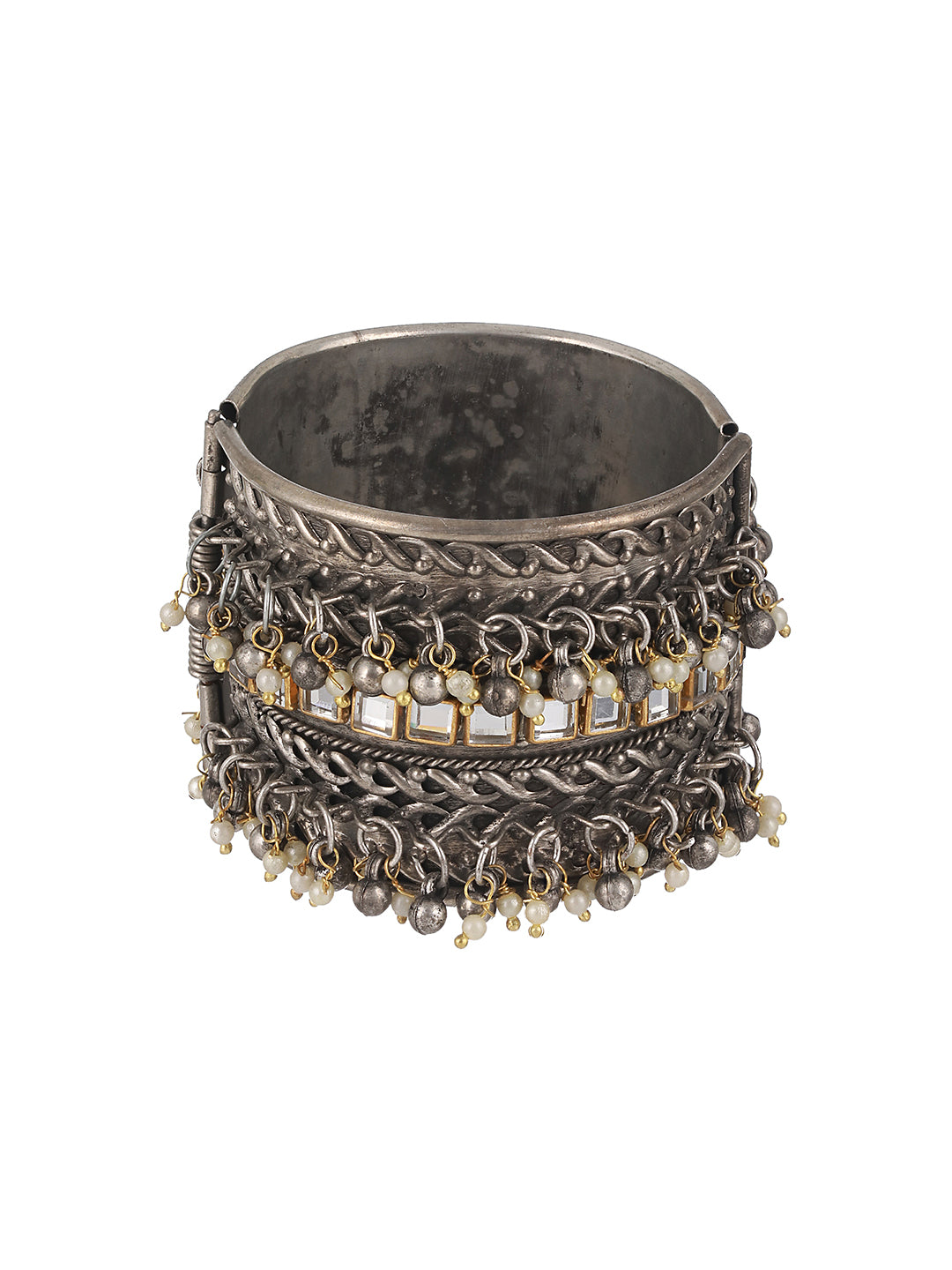 Silver-Plated Oxidised Kundan Studded & Pearl Beaded Bangle-Style Bracelet - Jazzandsizzle