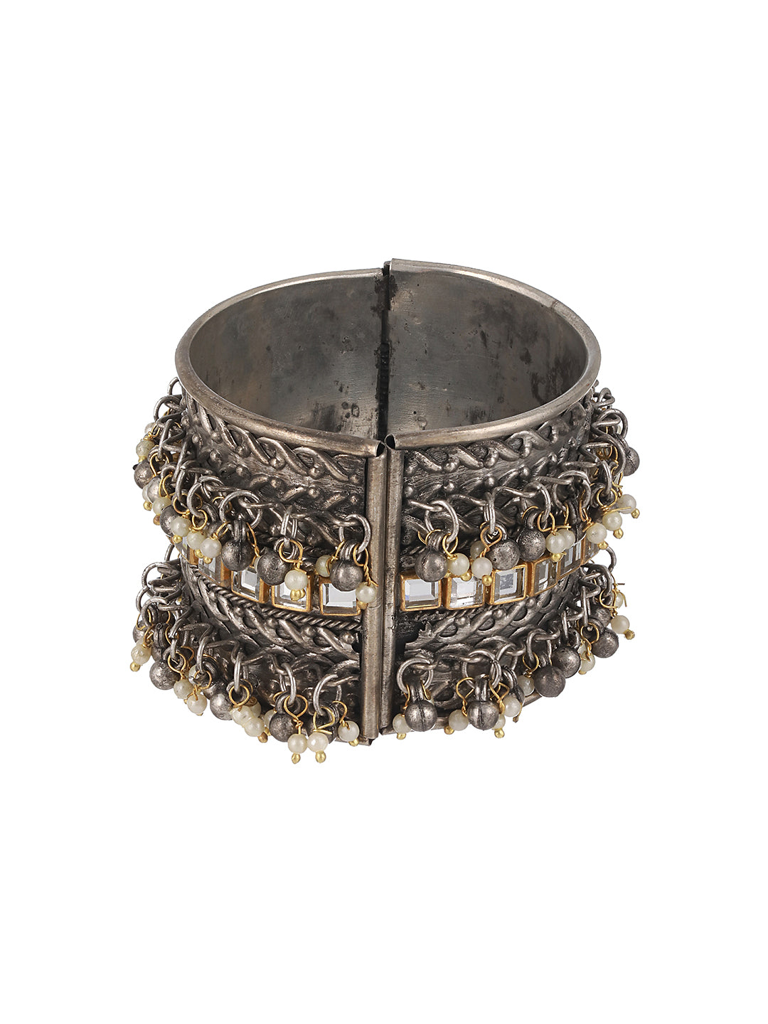 Silver-Plated Oxidised Kundan Studded & Pearl Beaded Bangle-Style Bracelet - Jazzandsizzle