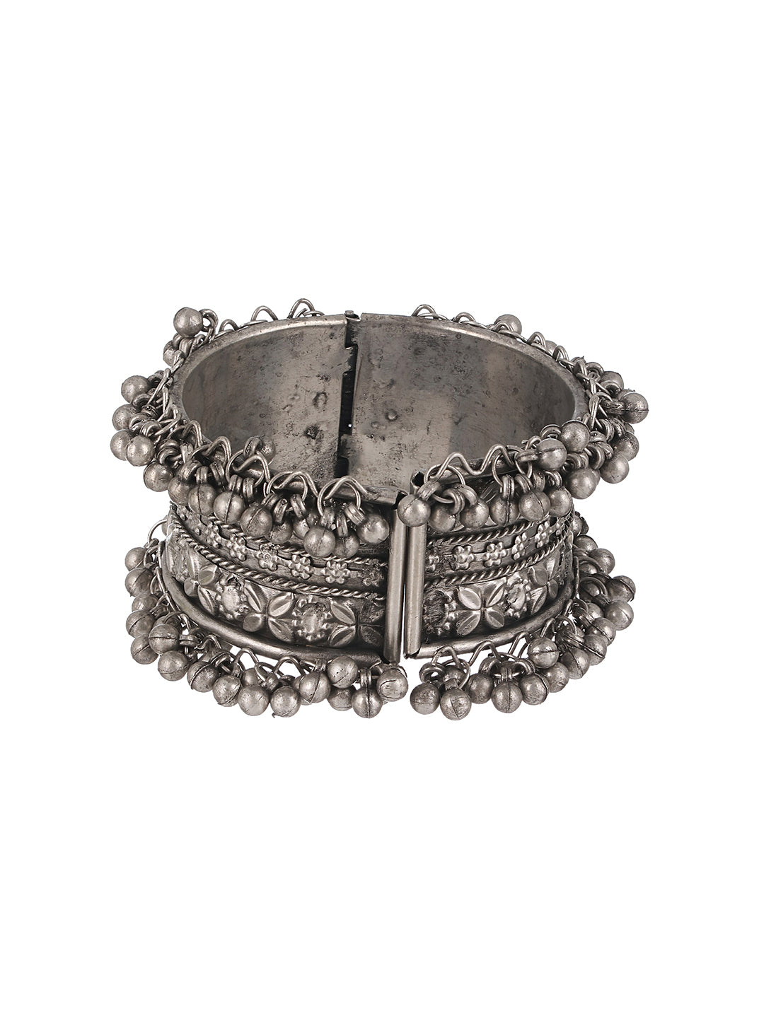 German Silver Oxidised Silver-Plated Floral Textured Bangle-Style Bracelet - Jazzandsizzle