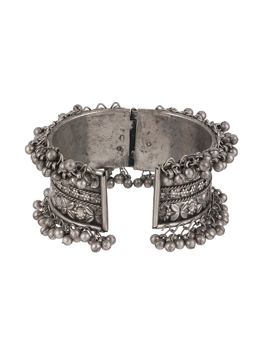 German Silver Oxidised Silver-Plated Floral Textured Bangle-Style Bracelet - Jazzandsizzle