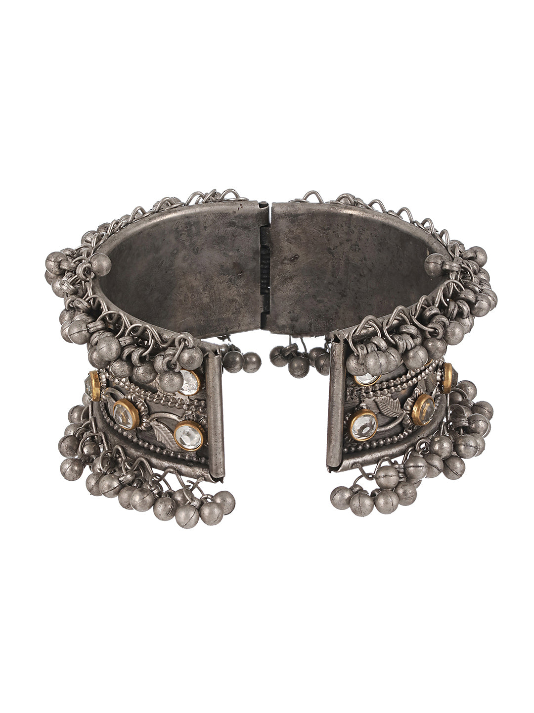 Silver-Plated Oxidised Leaf Pattern Kundan Studded Kada Bracelet - Jazzandsizzle