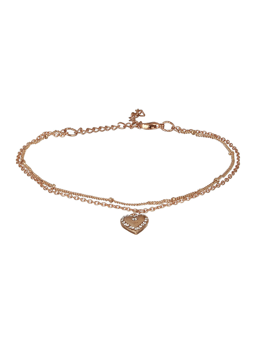 Rose Gold Plated CZ Studded Layered Heart Charm Anklet - Jazzandsizzle