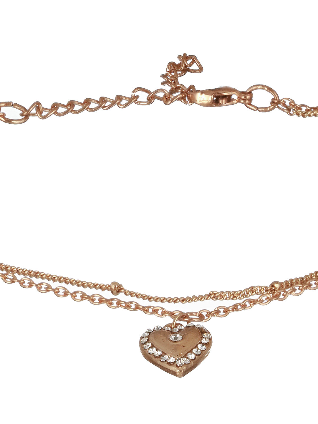 Rose Gold Plated CZ Studded Layered Heart Charm Anklet - Jazzandsizzle