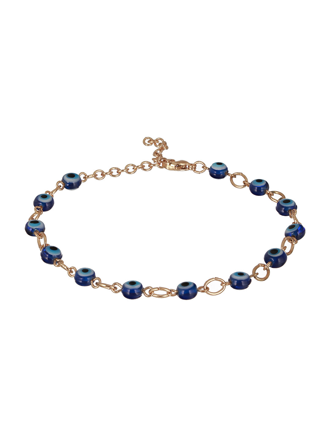 Set Of 3 Rose Gold Plated & Blue Evil Eye Link Chain Anklets - Jazzandsizzle