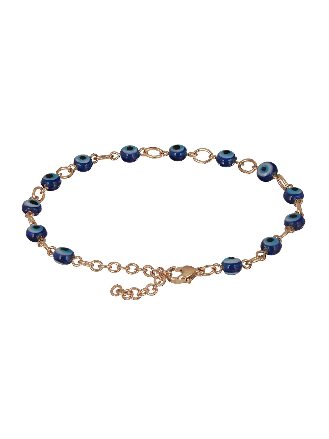 Set Of 3 Rose Gold Plated & Blue Evil Eye Link Chain Anklets - Jazzandsizzle