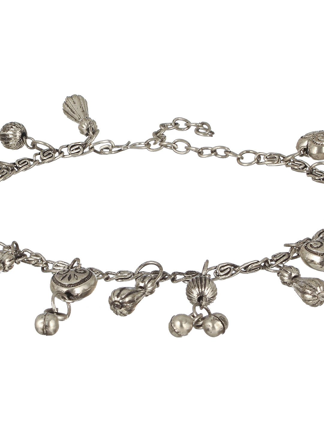 Set Of 2 Oxidised Silver-Plated & Heart Charm Ghungroo Anklets - Jazzandsizzle