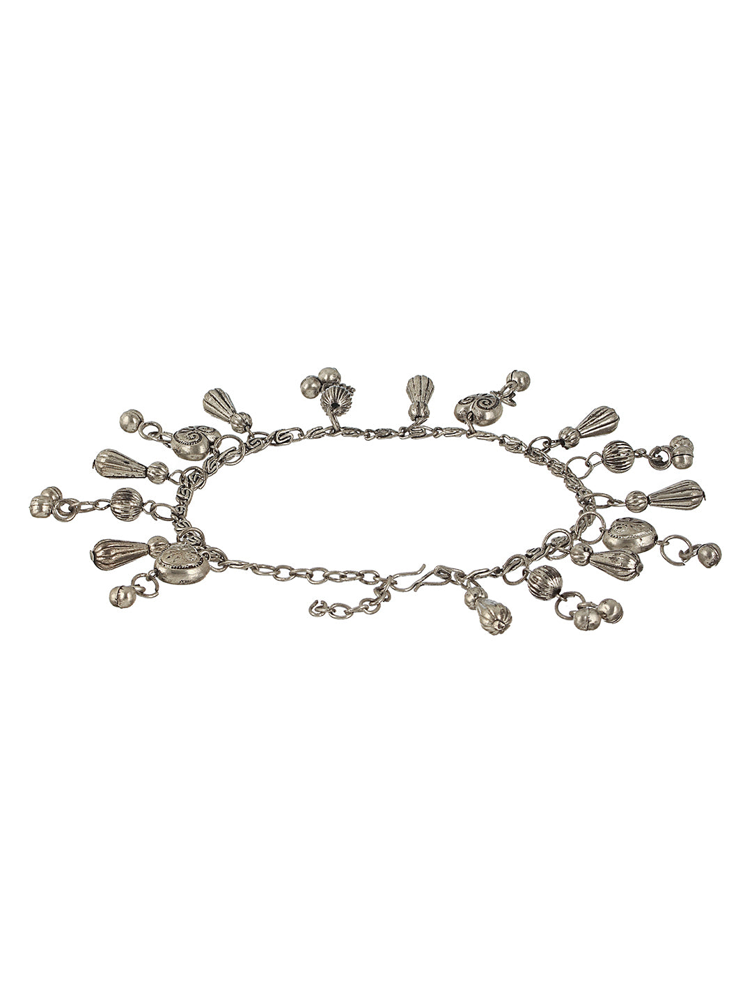 Set Of 2 Oxidised Silver-Plated & Heart Charm Ghungroo Anklets