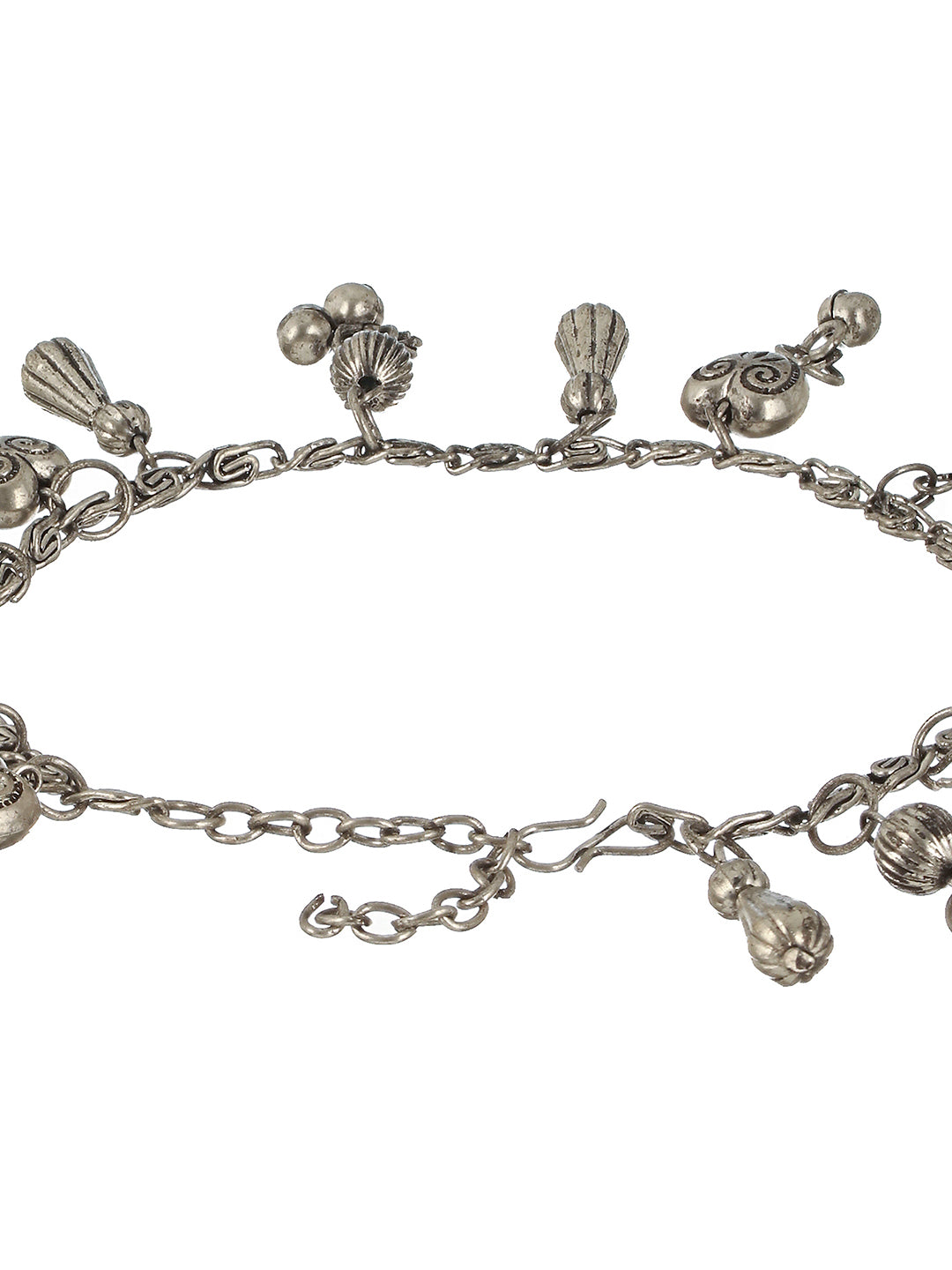 Set Of 2 Oxidised Silver-Plated & Heart Charm Ghungroo Anklets - Jazzandsizzle