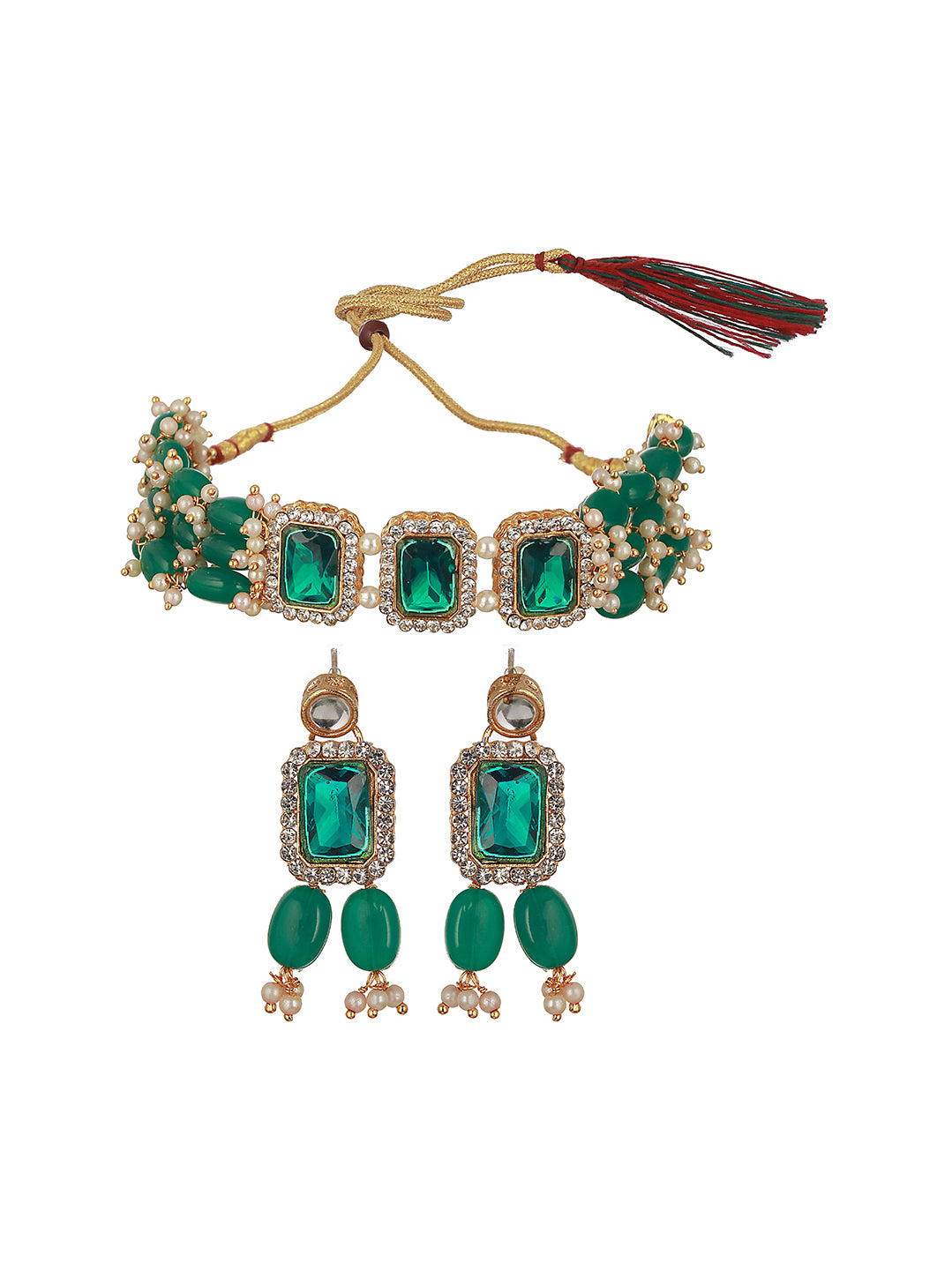 Gold-Plated Stone-Studded & Pearl Beaded Jewellery Set - Jazzandsizzle
