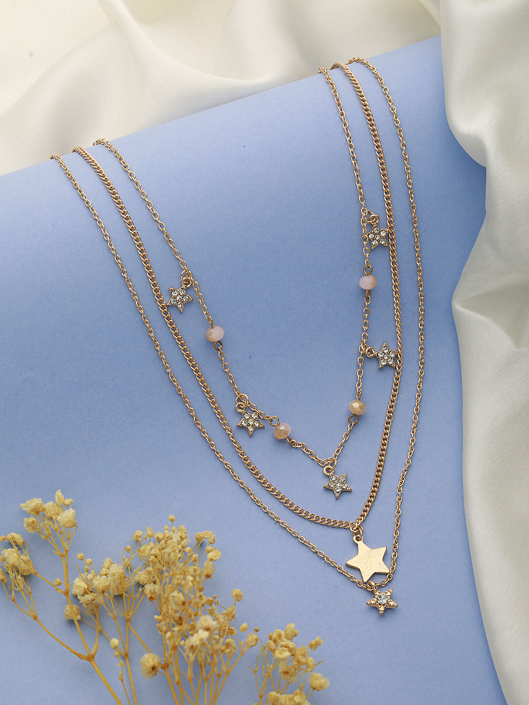 Gold-Plated Star & Pearl Studded Layered Necklace - Jazzandsizzle