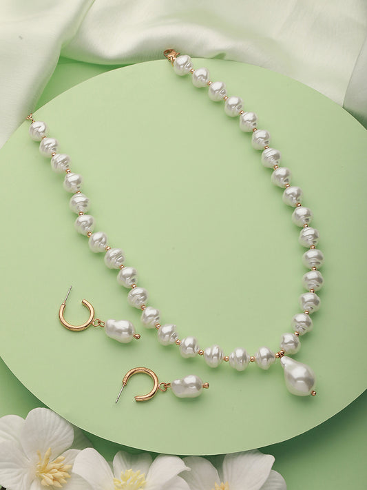 White & Gold-Toned Pearls Choker Necklace with Earrings - Jazzandsizzle