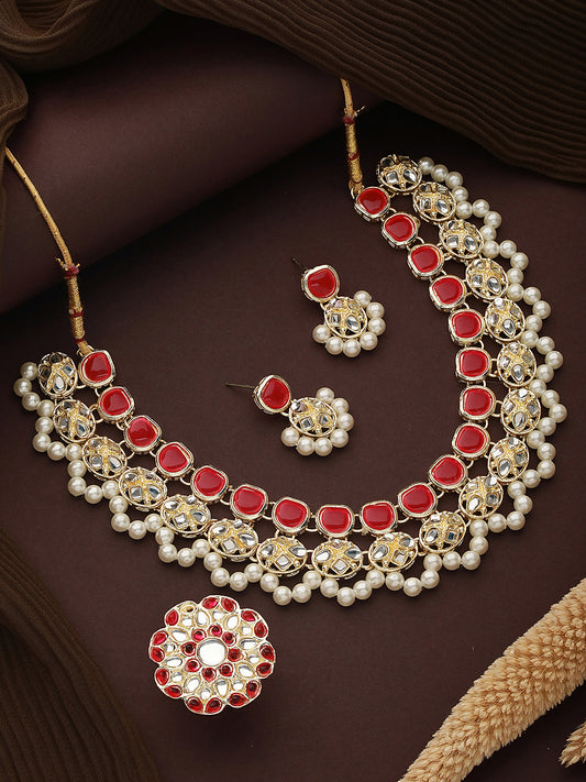 Gold-Plated Kundan-Studded & Beaded Jewellery Set - Jazzandsizzle