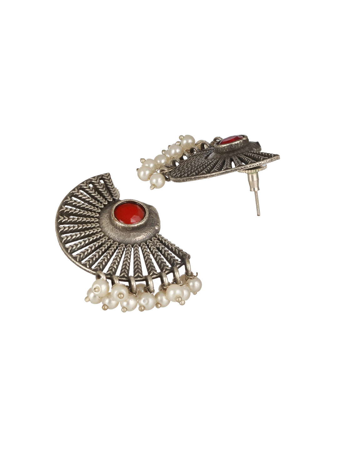 Red & Oxidised Silver-Toned Contemporary Studs Earrings