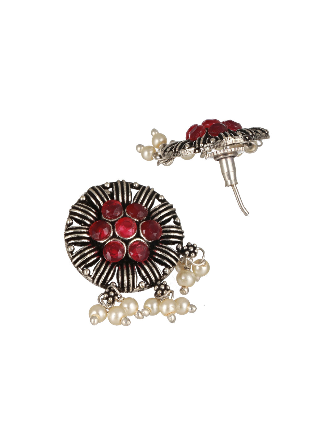 Silver Plated Red Stone Studded & Pearl Beaded Oxidised Peacock Shaped Jewellery Set - Jazzandsizzle