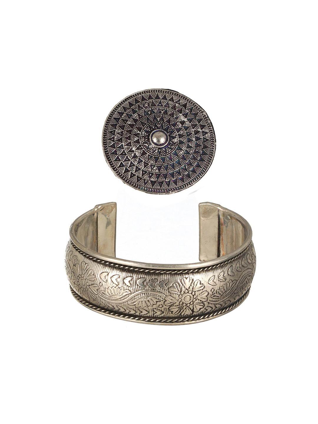 SET OF 2 Women Silver-Plated & Oxidised Cuff Bracelet with Textured Ring - Jazzandsizzle