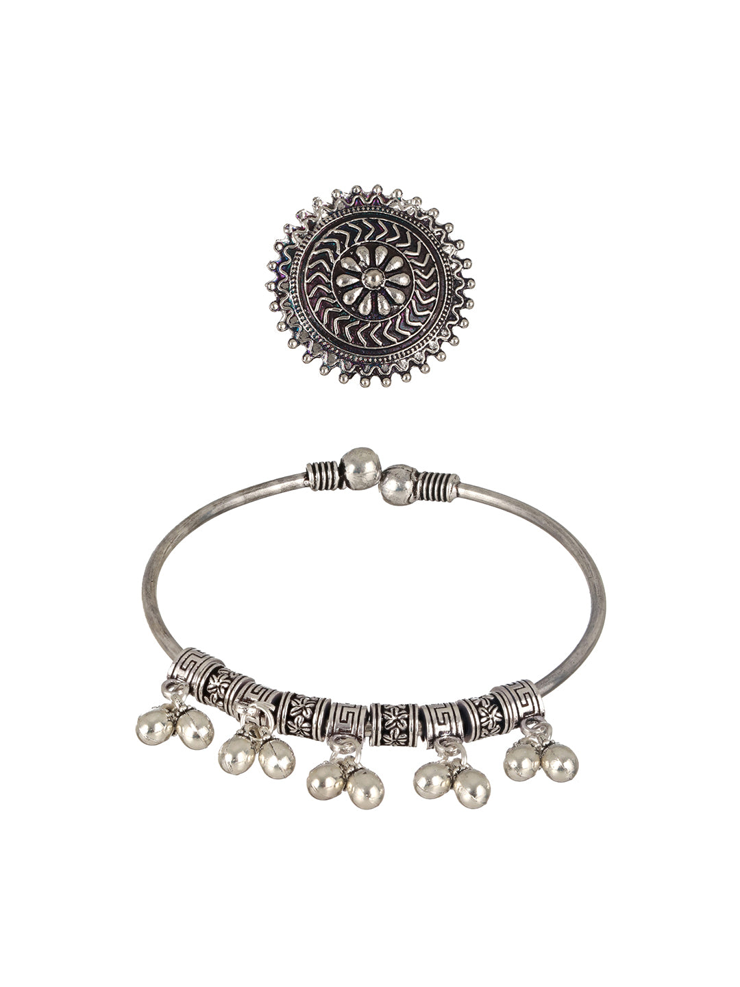 SET OF 2 Oxidised German Silver-Plated & Ghungroo Beaded Bracelet with Textured Ring - Jazzandsizzle