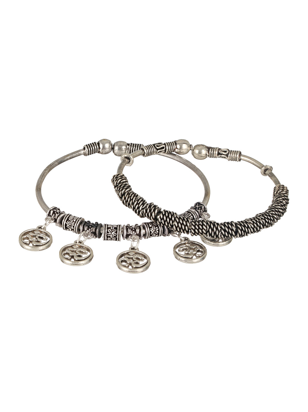 SET OF 2 Oxidised German Silver-Plated Textured & OM Cuff Bracelet - Jazzandsizzle